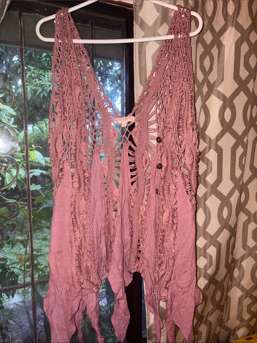 Mauve Crochet Fringe Vest with Openwork Detail